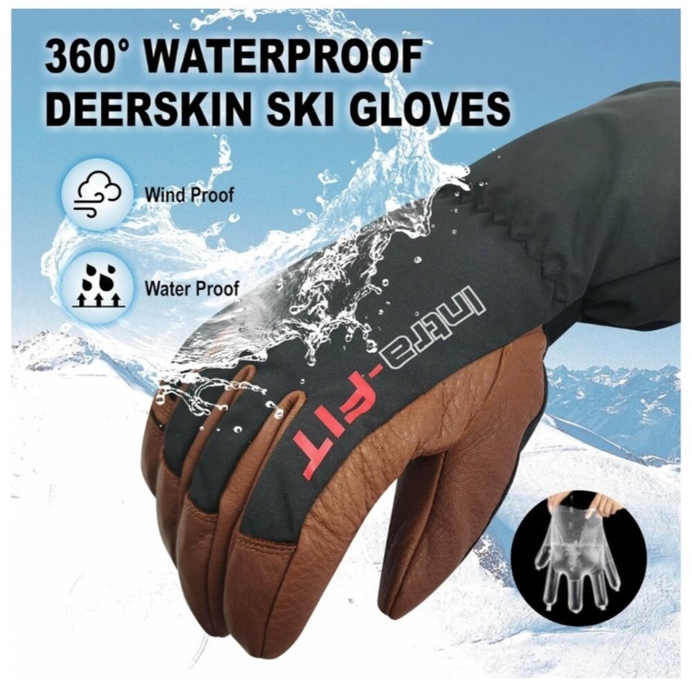 Intra-FIT Deerskin Ski Snowboard Biker Gloves Medium Black & Brown Waterproof - Picture 9 of 12